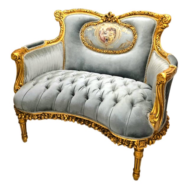 Romantic French Louis XV Blue Velvet Loveseat Sofa With Hand-Carved Gold Leaf Frame For Sale