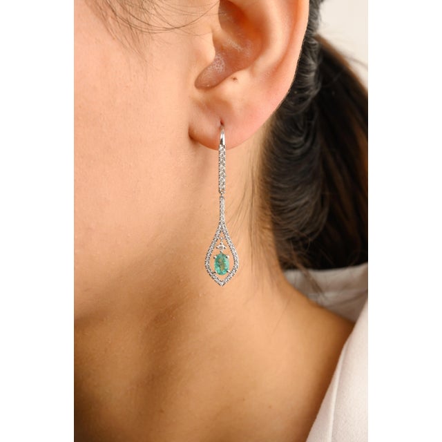 VR Jewels 14k Gold Modern Emerald and Halo Diamonds Drop & Dangle Earrings- A Pair For Sale - Image 4 of 11