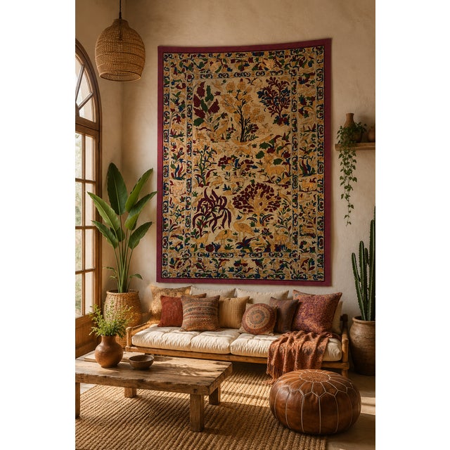 An exceptional vintage silk embroidered textile featuring an elaborate nature and wildlife scene rendered in rich hand...