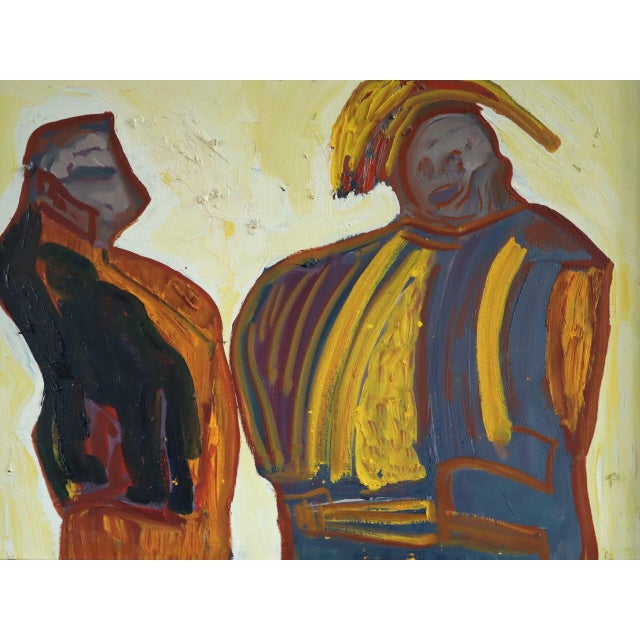 Yellow Mid-Century Modern 'The Exchange' Vintage Original Abstract Figurative Oil Painting, Framed For Sale - Image 8 of 11