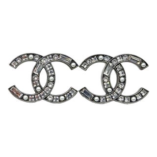 Chanel Gunmetal CC Baguette Princess Crystal Pearl Large Piercing Earrings, A Pair For Sale