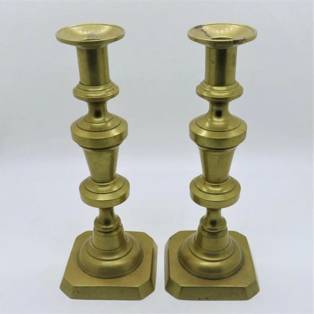 English Vintage Brass Candlesticks -- a Pair For Sale - Image 3 of 7