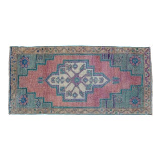 1970s Low Pile Hand Knotted Turkish Rug Faded Mat Kitchen Bathroom Decor Doormart- 19'' X 40'' For Sale