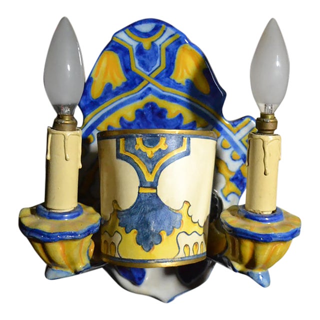 Vintage Mediterranean Portuguese Fábrica Sant'Anna Hand-Painted Ceramic Sconces - Pair For Sale