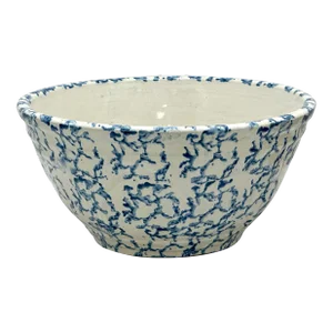 Excellent Big 12 Inch Size Antique American Blue Spongeware Decorated Stoneware Kitchen Mixing Bowl