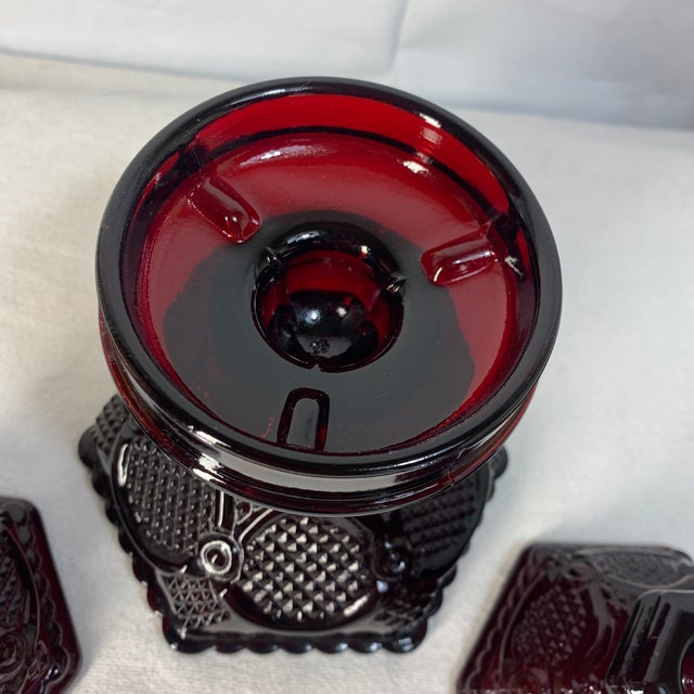 1990s Vintage Avon 1876 Cape Cod Ruby Red Glass Candle Holder Set – 3 Pieces (Hurricane Base & Short Candlesticks) For Sale - Image 5 of 6