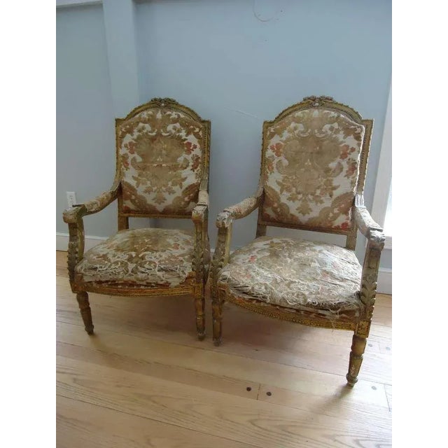French Country 18th Century Louis XVI Giltwood Fauteuils - A Pair For Sale - Image 3 of 11