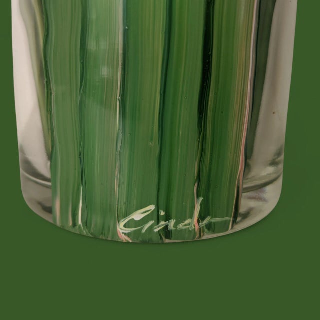 Green Vintage Original Hand Painted Botanical Iris Flower Glass Vase Signed For Sale - Image 8 of 17