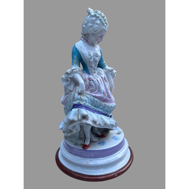 Ceramic Antique German Porcelain Lady Figurine 10.5” Hand Painted Rococo Statue For Sale - Image 7 of 8