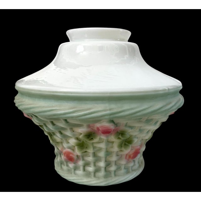 The Rare Phoenix/Consolidate Hand Painted Glass Basket Lamp Shade by Nicholas Kopp from 1920s is a stunning pink pendant...