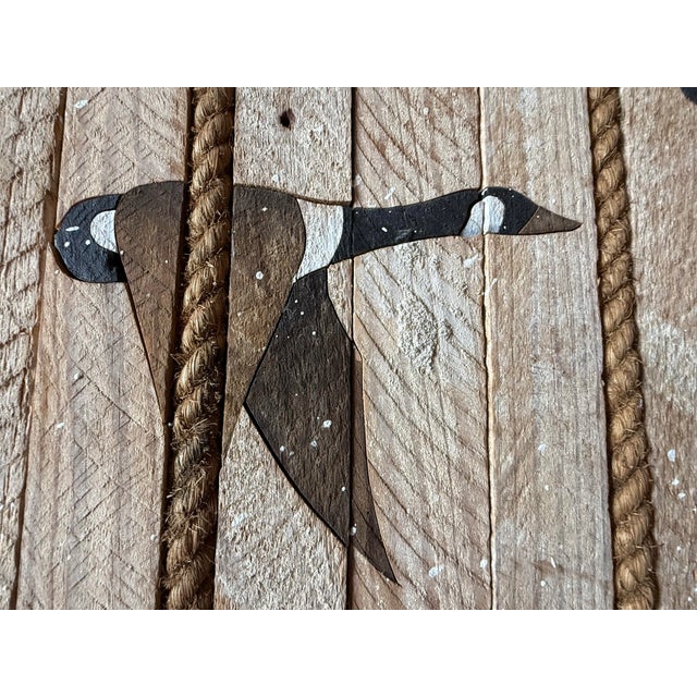 Folk Art Large Vtg. 1989 Wood Inlay Geese Landscape Art Signed by C. Pruitt Inscribed 19th C. Wood Lath For Sale - Image 3 of 18