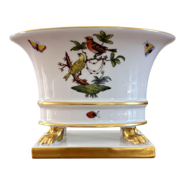 Vintage 1950s Herend Hungary Rothschild Bird Oval Cachepot Urn With Gilded Paw Feet For Sale