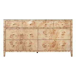 Matthew Izzo Home Carnegie Burlwood Seven Drawer Chest With Brass Knobs For Sale
