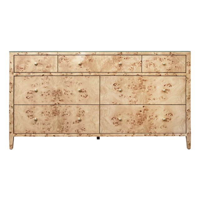 Matthew Izzo Home Carnegie Burlwood Seven Drawer Chest With Brass Knobs For Sale