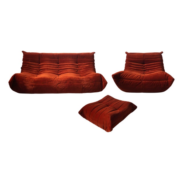 Amber Corduroy Togo Lounge Chair with Pouf and Three-Seat Sofa by Michel Ducaroy for Ligne Roset, Set of 3 For Sale