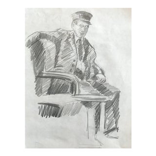 1950s Conductor Mid-Century Man in Uniform Drawing For Sale