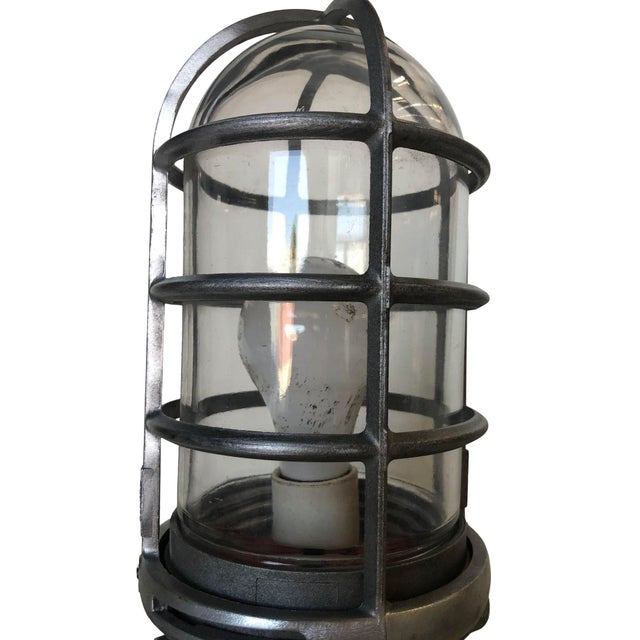 Metal 1970s Industrial Iron Caged Marine Vapor Glass Light Fixture For Sale - Image 7 of 7