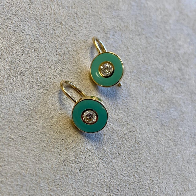 Contemporary Syna Yellow Gold Diamond Sea Green Enamel Disc Earrings, a Pair For Sale - Image 3 of 4