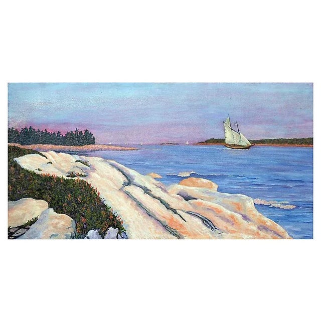 1980s Late 20th Century "Sunset Sail" Coastal Landscape Oil Painting by Barbara Wilson For Sale - Image 5 of 5