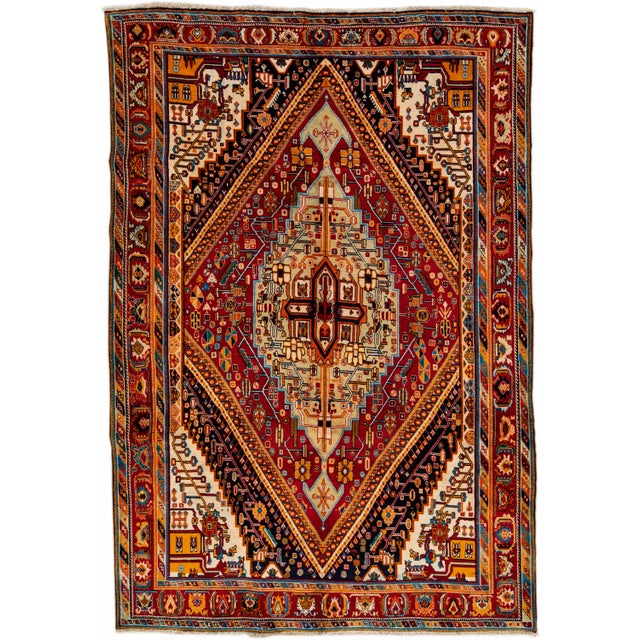 Vintage Handmade Shiraz Red Medallion Wool Rug 6'8" X 9'11" For Sale - Image 12 of 12