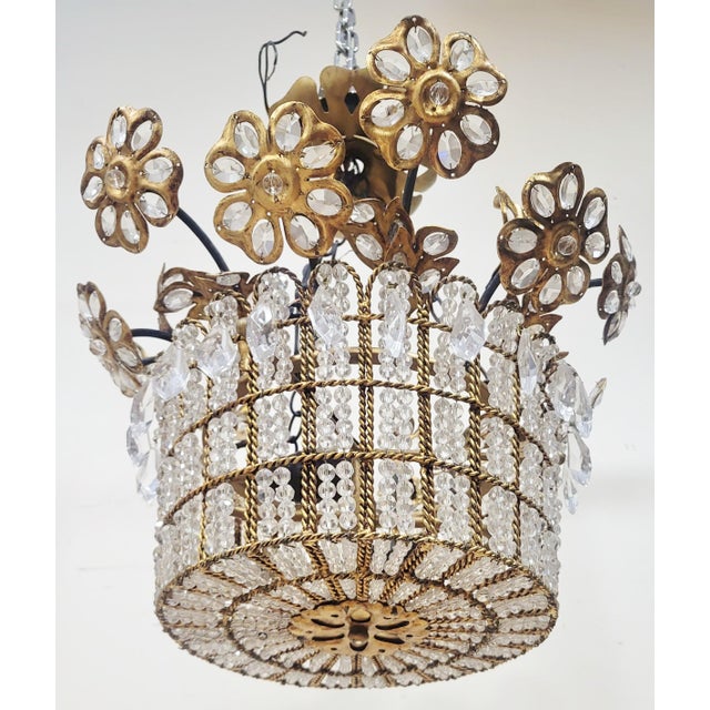 Mid 20th Century Vintage French Designer Mid-Century Modern Crystal & Bronze Flower Basket Chandelier For Sale - Image 5 of 13