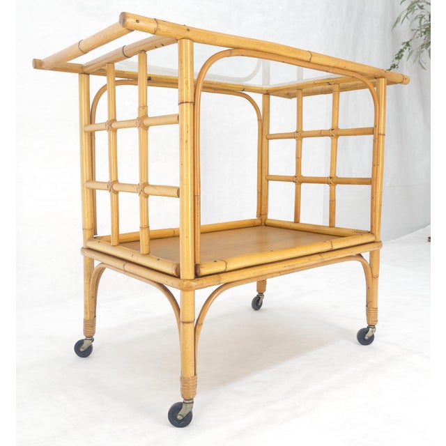 Late 20th Century Fine Bamboo c1970s 2 Tier glass Top Serving Bar Cart on Wheels Mid Century MINT! For Sale - Image 5 of 18