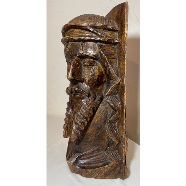 Folk Art Large Antique Hand Carved Wood Folk Art Religious Jesus Christ Sculpture Bust For Sale - Image 3 of 13
