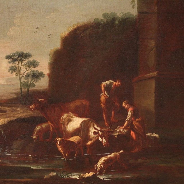 17th Century Roman School of the 17th Century, Landscape with Pastoral Scene, 1680, Oil on Canvas For Sale - Image 5 of 16
