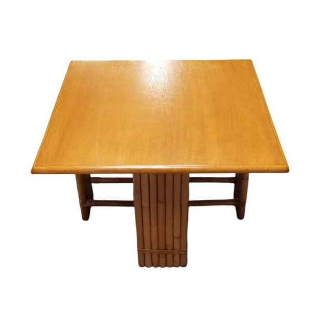 Mid-Century Modern 1950s Restored 7 Strand Rattan Crossed Legs Square Coffee Table W/ Mahogany Top For Sale - Image 3 of 4