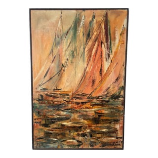 Alice Marcus " Seascape With Sailboats" Oil on Canvas Painting, Framed 1950's For Sale