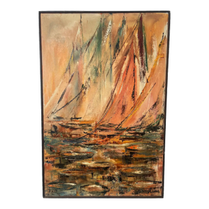 Alice Marcus " Seascape With Sailboats" Oil on Canvas Painting, Framed 1950's