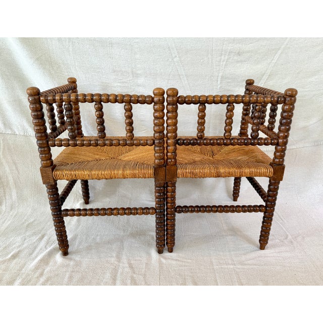 Exceptional Pair of French Oak Bobbin Corner Chairs For Sale In Los Angeles - Image 6 of 9