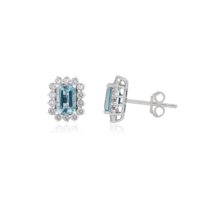 1.14ct Emerald Cut Aquamarine & Diamond Halo Stud Earrings in 14k White Gold- A Pair For Sale - Image 4 of 15