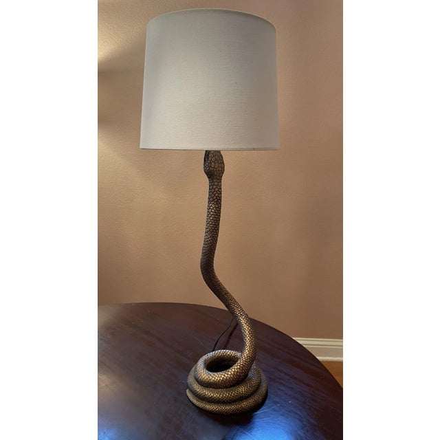 Hollywood Regency Late 20th Century Solid Brass Coiled Cobra Snake Table or Desk Lamp With White Shade For Sale - Image 3 of 7