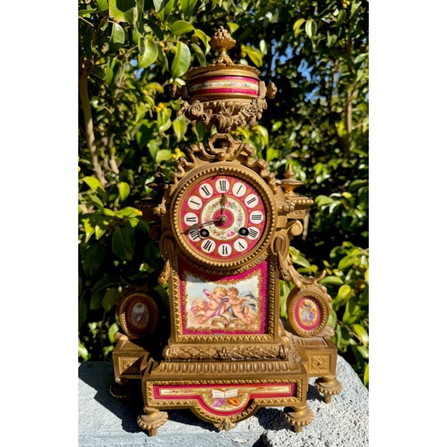 Metal 19th Century French Gilt Mantel Clock With Red Sevres Style Porcelain For Sale - Image 7 of 16