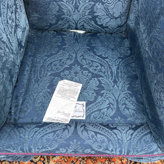 Vintage Baker Furniture William and Mary Walnut, Blue Damask Custom Built High Seat Throne Lounge Chairs - A Pair For Sale In Philadelphia - Image 6 of 18