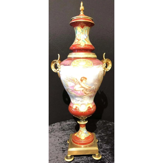 Metal Sevres Spinning Urn Vase Having a Maiden & Cherub Painting Signed Lingaand For Sale - Image 7 of 13