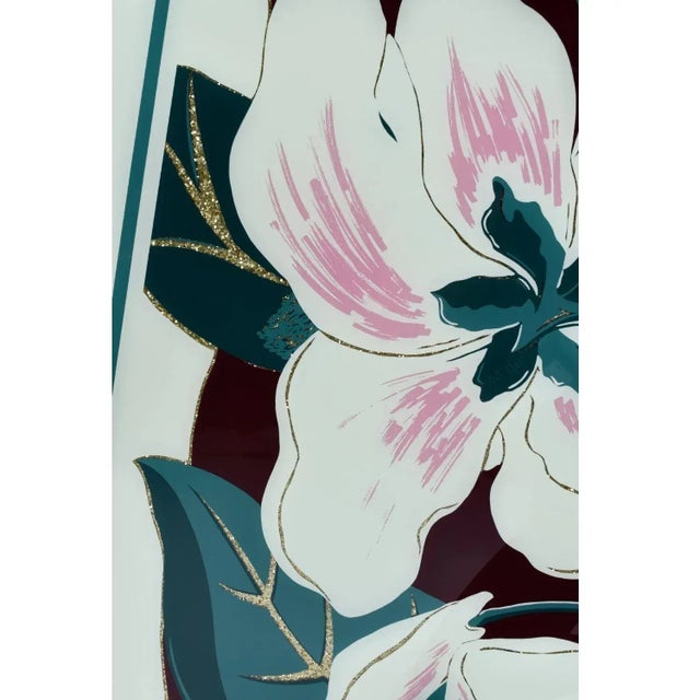 Georgia O'Keeffe Vintage 1980s Large Scale Magnolia Floral Wall Art White Mauve Green and Gold Glitter For Sale - Image 4 of 8