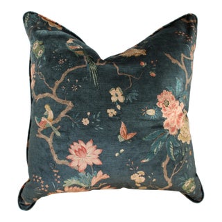 Scalamandre Style Velvety Chenille Bird Chinoiserie Botanical Pillow 24"x 24"/Down Insert For Sale
