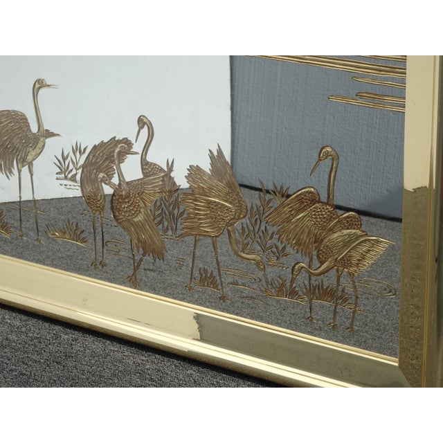 Vintage Oriental Asian Hollywood Regency Wall Mirror W Etched Gold Crane Birds For Sale In Los Angeles - Image 6 of 13