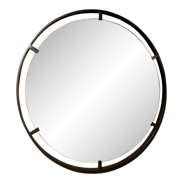Modern Black Iron Round Floating Wall Mirror For Sale