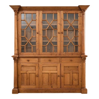 French Pine Astral Glazed Bookcase Cabinet With Column Supports For Sale