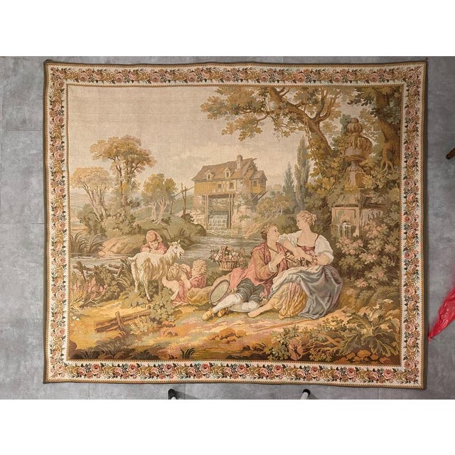 Pretty vintage Aubusson style tapestry with beautiful gallant design at beach with beautiful colors, woven with wool and...