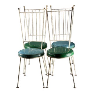 1950s Antarenni Mid Century Atomic Metal Dining Kitchen Garden Chairs With Teal and Green Vinyl Seats - Set of 4 For Sale