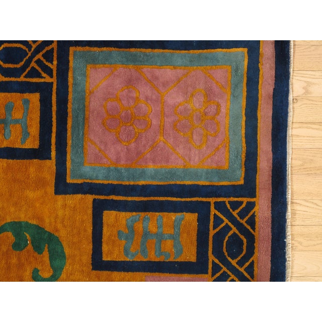 Art Deco Antique Chinese Nichols Carpet, Gold, Blue, Green, Navy Carpet Handmade Wool Rug For Sale - Image 3 of 8
