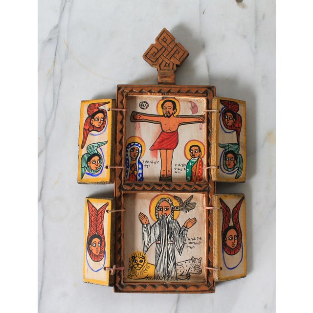 Vintage Ethiopian orthodox Coptic Triptych icon hand painted Crucifixion & Resurrection scene. No makers mark. Some age...