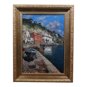 Andrea Patrisi Posillipo Naples Nautical Harbour Boat Oil Painting on Board 37"