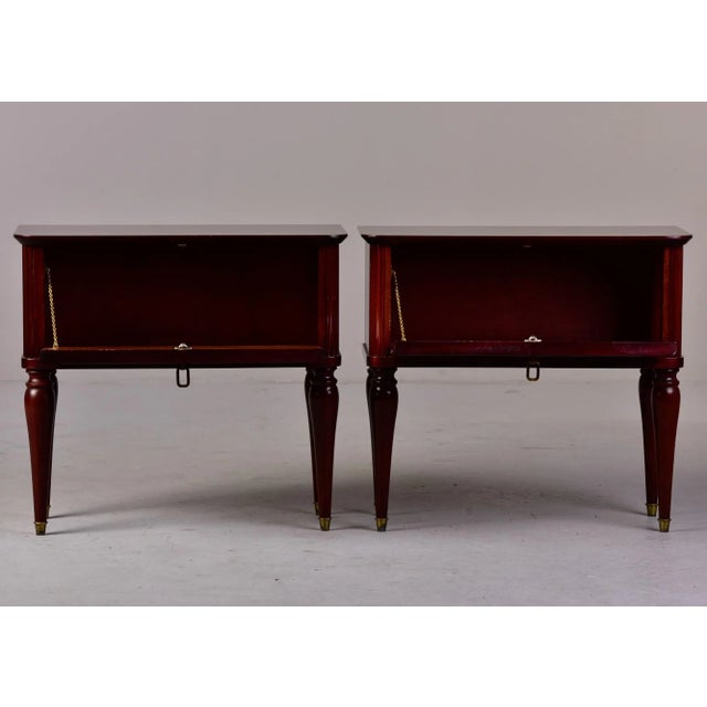 Mid-Century Modern Mid Century Italian Tiger Wood Bedside Chests With Brass Tipped Legs and Hardware - Pair For Sale - Image 3 of 13