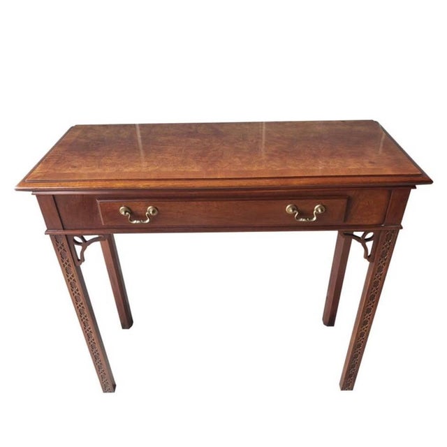 Wood 1960s Chippendale Walnut Burl Console Table With Banded Top For Sale - Image 7 of 10
