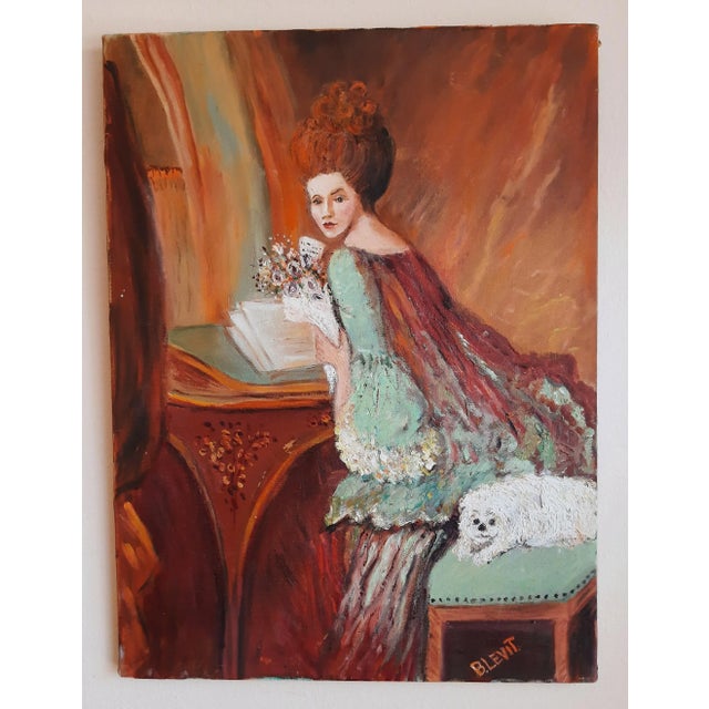 Original Lady & Dog Portrait Painting Bridgerton Style Signed For Sale - Image 10 of 10